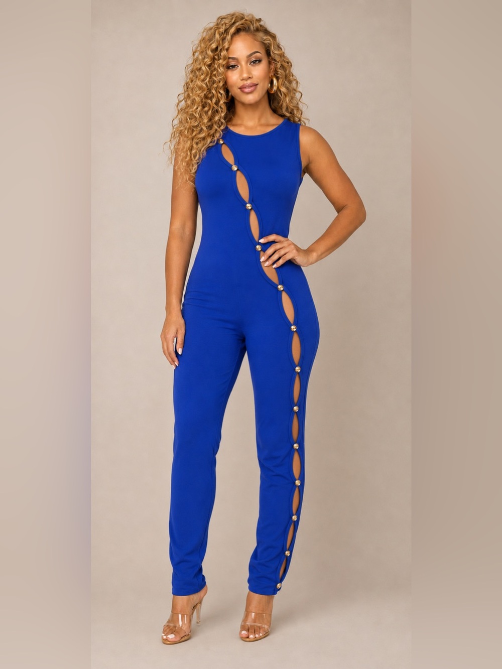 Blue Sleeveless Cutout Jumpsuit with Side Button Detail